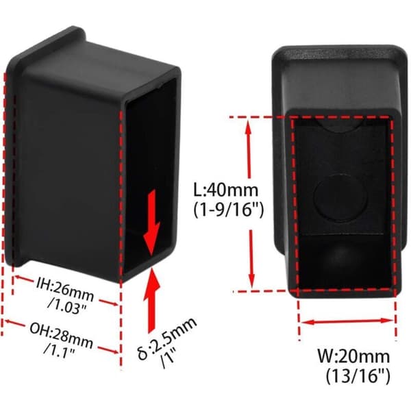 Förpackning med 16 rektangulära PVC-ändstycken - Flexibla för stols-/bordsben 20 mm x 40 mm (13/16\" x 1-9/16\") Svart