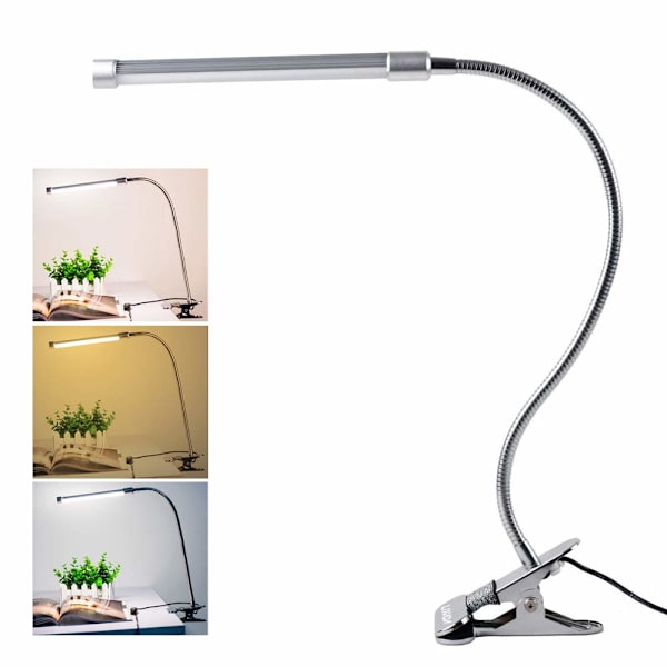10-stegs dimbar ögonsäker LED och justerbar klämma med 3 ljusfärger och USB-driven, vit