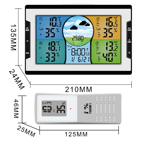 Radioväderstation med 3 utomhussensorer Digital färgdisplay Termometer Hygrometer Barometer, Väderprognos, Justerbar bakgrundsbelysning