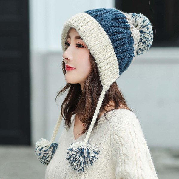 Women's Winter Peruvian Ear Beanie Earmuffs Sherpa Snow Hat Knitted Fleece Lined 3 Pom Poms, Blue