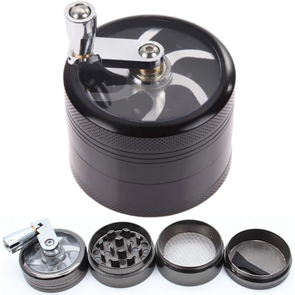Pollengrinder i Zink-Legering, Manuell Vevargrind för Kryddor, Örter, Kaffe, 4 Delar med Skrapa, Ø 40mm (Svart)