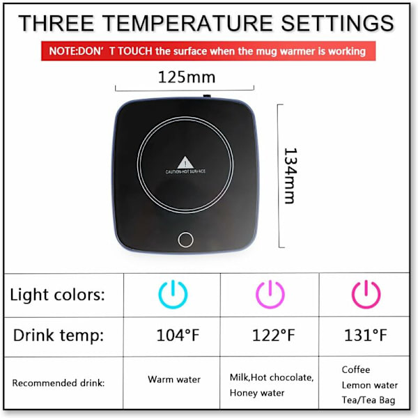 Kopvarmer, Elektrisk Kopvarmer til Kaffekrus med 3 Temperaturindstillinger, 16W til Elektriske Krus, Kopvarmer med Automatisk Slukning Efter 12 Timer