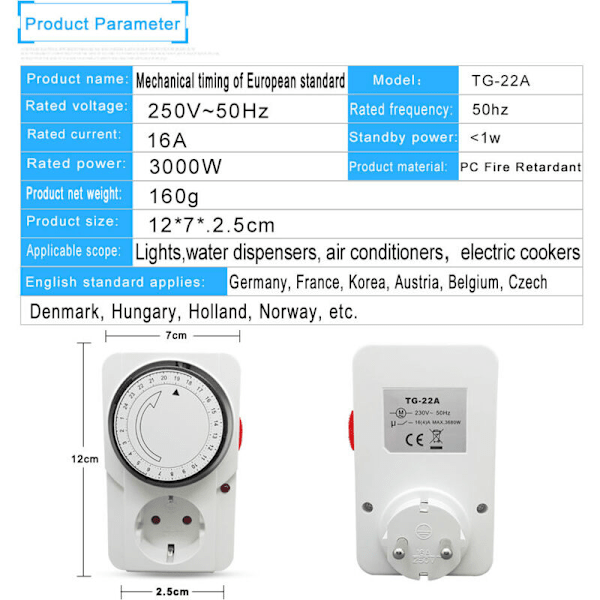 Programmerbar Timer, Mekanisk Daglig Programmer Inter. 3000 W Indikatorlys. Mekanisk Daglig Programmer Stikkontakt, Hvit Farge, 16A
