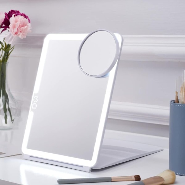 LED Taitettava Matkameikkipeili - 7\" x 9\" 3 Valotilaa USB Ladattava Kosketusnäyttö, Kannettava Pöytäpeili (Valkoinen)