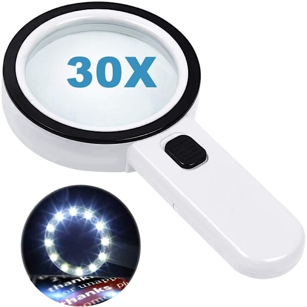 Läsförstoringsglas med 12 LED-lampor, dubbellins med 30x förstoring. För att enkelt läsa mynt, frimärken, kort. Idealisk vid makuladegeneration