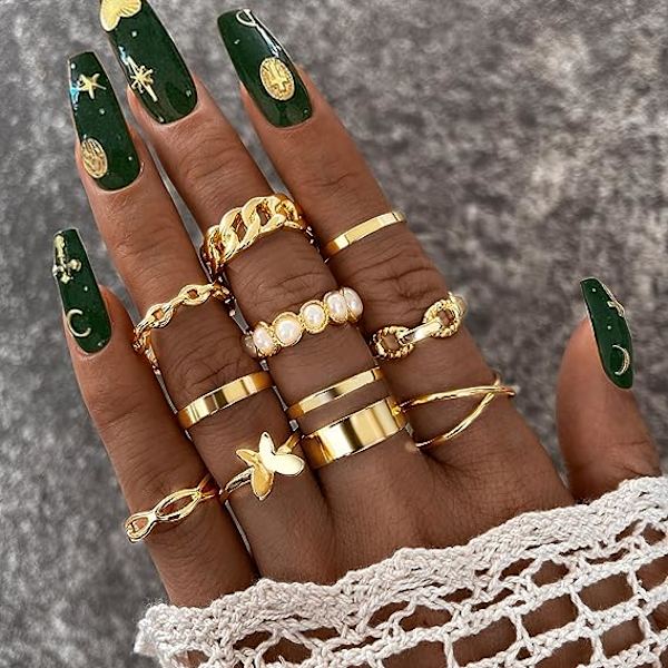 Set med 10 justerbara europeiska och amerikanska fjärilspärlringar i ny mode Ins Ring Set för kvinnor, guld