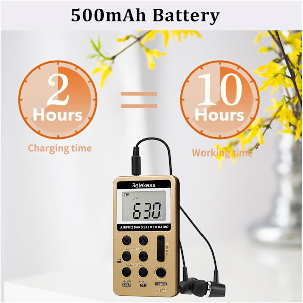 V112 AM FM Radio Portable, Mini Radio med øretelefonlomme, Digital Tuning Oppladbar Batteri LCD-skjerm for Walking Jogging(Gull)