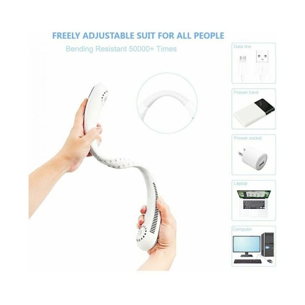 Portabel Halsfläkt, USB-fläkt, Handsfree Bladlös Fläkt, 3 Hastigheter, 360° Justerbar Tyst Fläkt för Kontor, Hem, Resor (Vit)