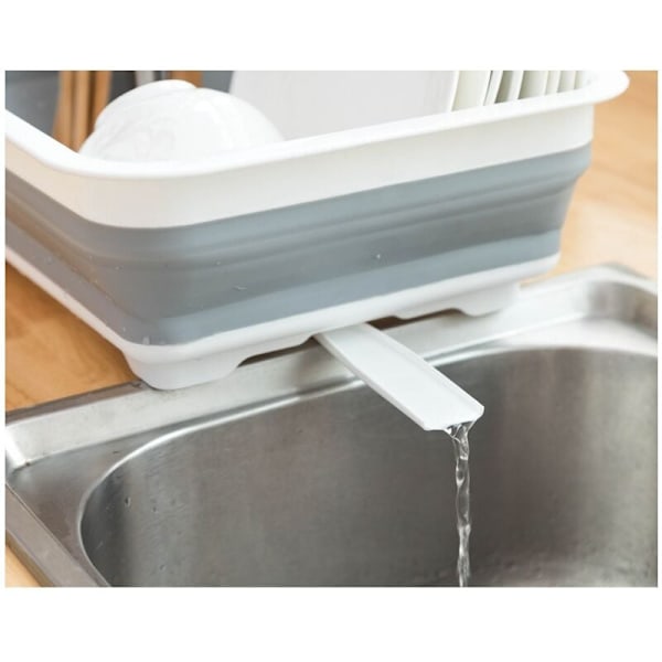 Hopfällbar diskställ, diskställ i plast, stöd för lock och tallrikar, plast, 36,5x13x31 cm, vit - grå