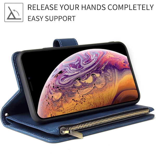 (Blå) iPhone 12 iPhone 12 Pro 6.1\" Lommebokveske (Telefon ikke inkludert), Premium Vintage Lær Magnetisk Lukking Håndveske, Glidelås Lommedeksel, Footres