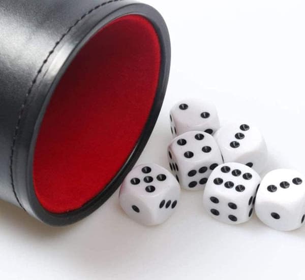 Terningkopp i skinnimitasjon med fløyelsinteriør, lydløs, for Liars Dice-brettspill