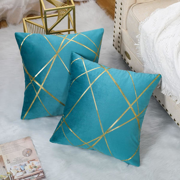 Grønt sofasæt med 2 (uden pudeindsats) Fløjlsbetræk 45 x 45 cm Pudebetræk Dekorativt pudebetræk Guldlinje Geometrisk pude Stue B