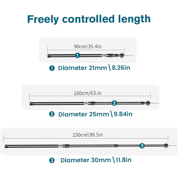 Aluminiums teltstang, justerbar presenningstang med gummikappe og 3-trins justerbare telte, 90-230 cm (sort)