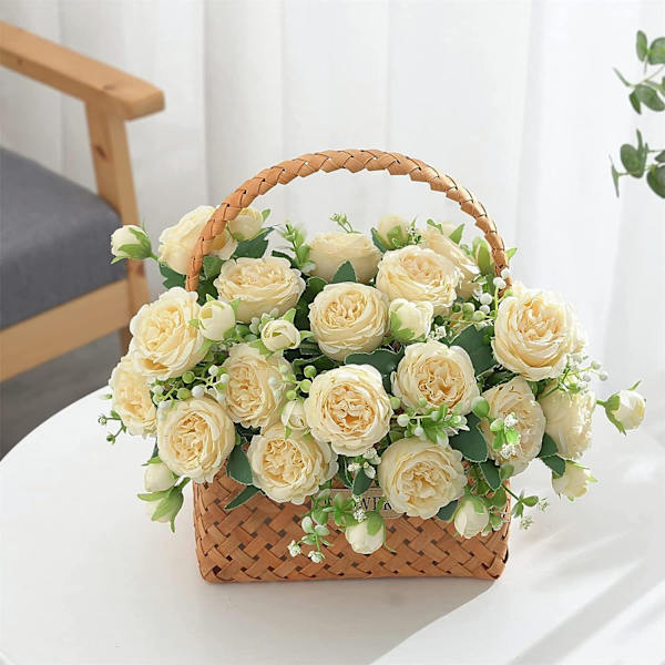 Kunstige blomster, 2 stk. kunstige pæon silkeblomster buket kunstige beige roseblomster arrangementer, borddekorationer bryllupsblomster til kagefest Hom