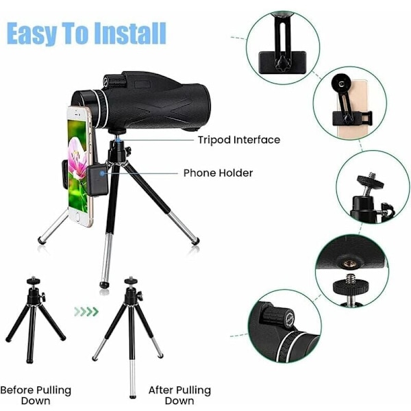 Monokulær kikkert 80 x 100 høj effekt monokulær HD starscope med smartphone support og vandtæt stativ til fugleobservation, jagt, rejser, ca