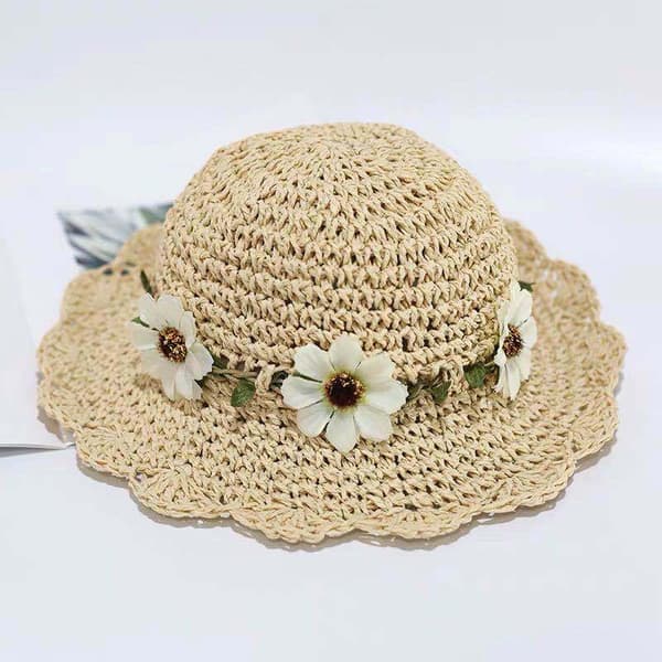 50-52cm Halmhattar Flickor Fällbar Solhatt med Blomdekoration Sommarhatt för Barn Strand Resor Vandring