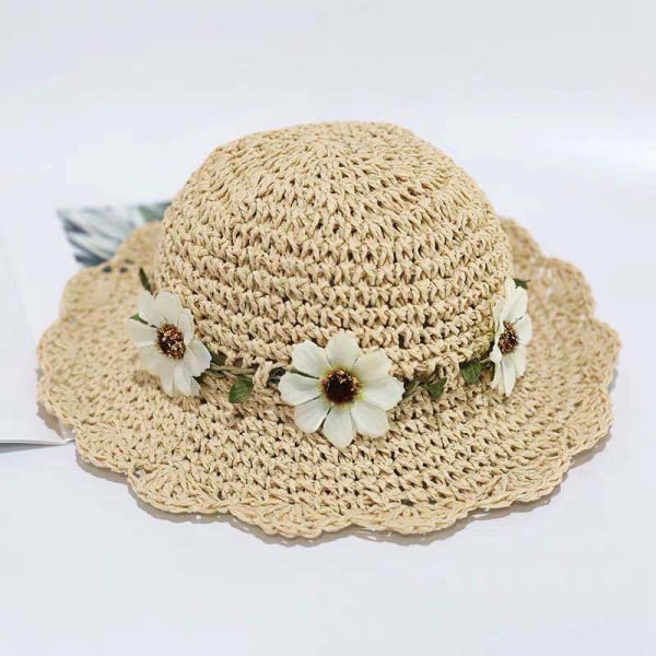 50-52cm Halmhatter Jenter Sammenleggbar Solhatt med Blomsterdekorasjon Sommerhatt for Barn Strandtur Fotturer