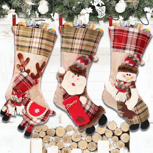 50 cm julstrumpor att hänga upp, 3 stycken stora julstrumpor Gran Gran Tomte Tomte Ren Snögubbe Julstrumpa till jul