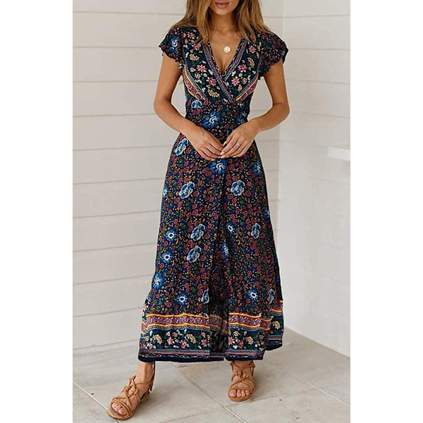 Kvinnors 2023 Bohemisk Blommig Tryck Wrap V-hals Korta Ärmar Slit Strandfest Maxi Klänning