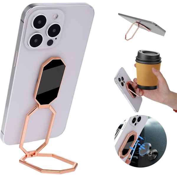 Ringtelefonholder med støtte 360° rotasjon Metall Justerbar Mobiltelefonholder Magnetisk Bakgrep for Bil Smarttelefoner og Nettbrett (Rosegull)