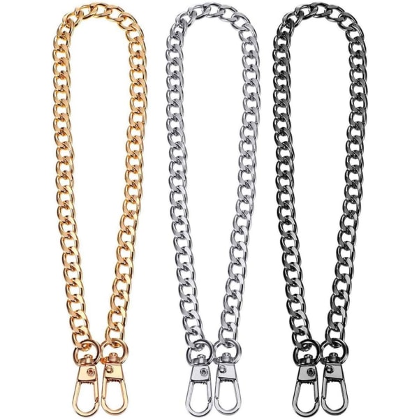 3-pack handväskkedjor, ersättningskedjor för handväskor, 120 cm axelremskedja, för handväskor (guld, silverfärg, svart)