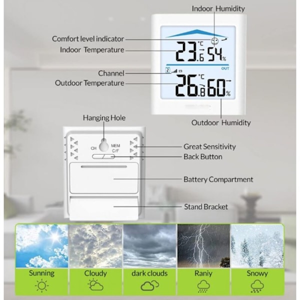Trådlös väderstation med utomhussensor, termometer och digital hygrometer för inomhus- och utomhustemperatur, justerbar bakgrundsbelysning för sovrum