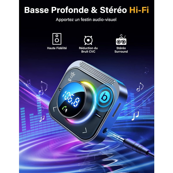 Bluetooth 5.3 FM-sändare, Bleuthoot-bilradioadapter [Deep Bass Hi-Fi-stereo], 30W PD Dual 18W QC 3.0, Handsfree, Överdimensionerad mikrofon, Stöd Aux