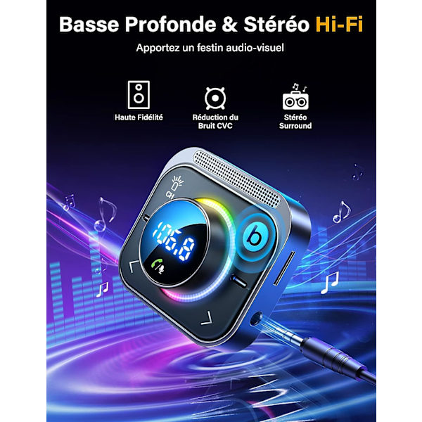 Bluetooth 5.3 FM-sender, Bleuthoot-bilradioadapter [Deep Bass Hi-Fi Stereo], 30W PD Dual 18W QC 3.0, håndfri, Oversized Mic, Støtte Aux