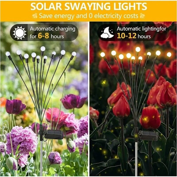 (Lämmin valkoinen) Ulkokäyttöön tarkoitettu aurinkovalo, 1 huone 10 LED Lucioles -valoa puutarhaan, parvekkeelle, aurinkolamppu ulkopuutarhan koristeluun, vedenpitävä IP65