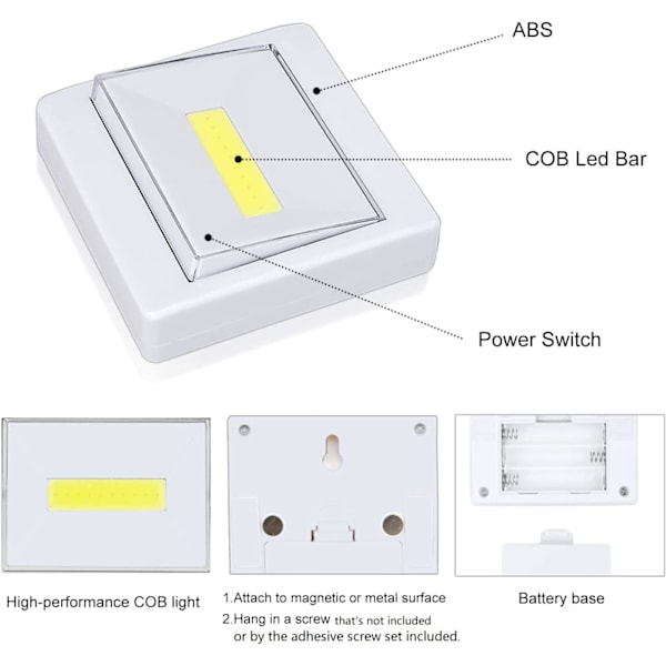Garderobsbelysning, Superstark, Batteridriven, Fäst Var Som Helst, Cob Led Ljusströmbrytare Nattlampa, Trycklampor för Garderob, Skjul, Vind, Nödsituation (4-pack)