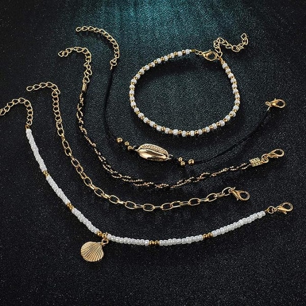 5-delt Bohemian Shell Charm Charm Vedhæng Ankel Sæt Sort Læder Kæde Vævet Reb Perle Perle Ankel Kæde Bohemian Strand Kvinder og Piger Smykke