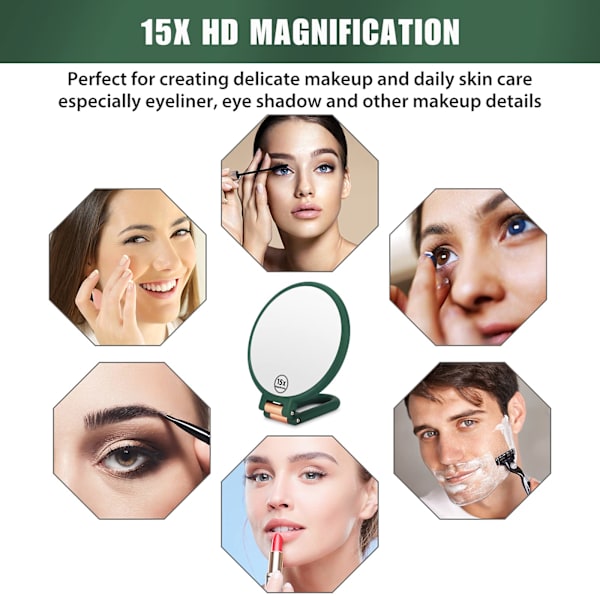 Dobbeltsidet makeup spejl, 1x 15x forstørrende håndholdt spejl, hængende skønhedsspejl, bærbart lille rejsespejl til piger kvinder - Grøn