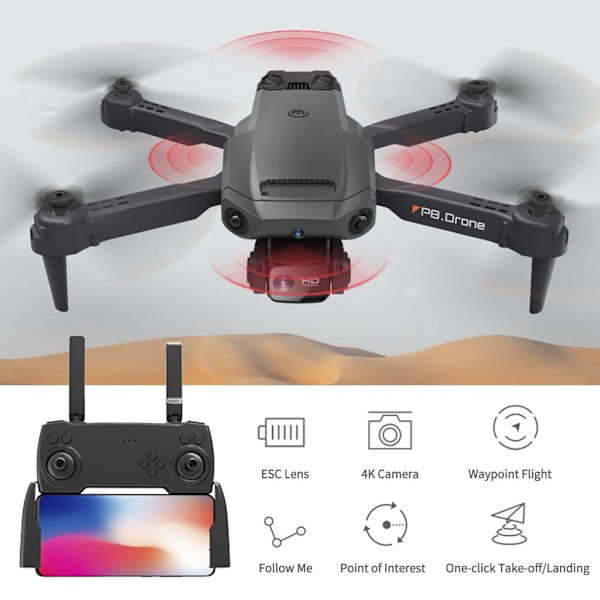 Kaukosäädöllä ohjattava drone 4K kaksoiskameralla ja säilytyskassilla