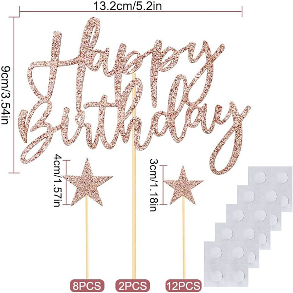 Gull bursdagskakepynt (rosa gull), 2 sett bursdagskakepynt for barn jenter gutter kvinner mann, Happy Birthday stjerner cupcake toppers for dekorasjon