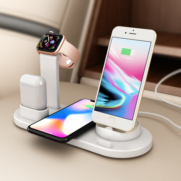 4-i-1 laddningsstativ Trådlös laddningsstation för flera enheter 3-i-1 roterande kontakt Multi-enhetsladdare för Apple-produkt -Vit