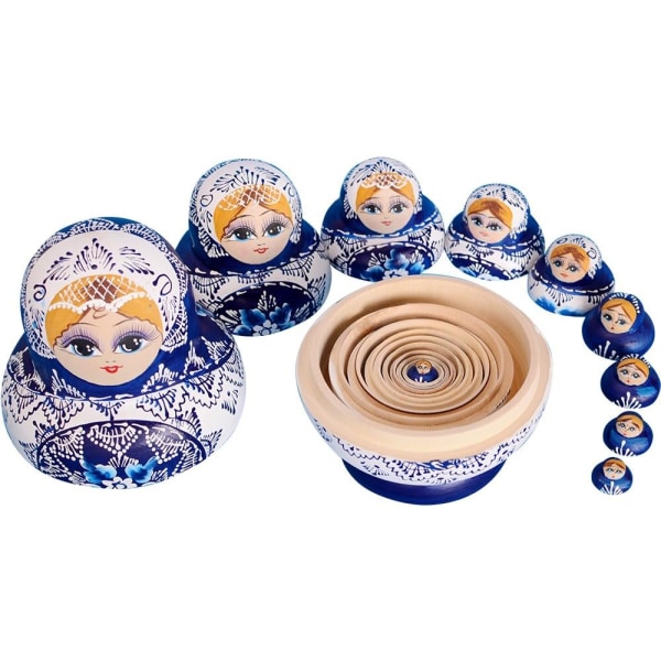 Nesting Dolls Brand, 10 stykker, russisk Matryoshka dukke serie 10 stykker malet træ russisk dukke? Håndlavet,, gaver, legetøj（blå）