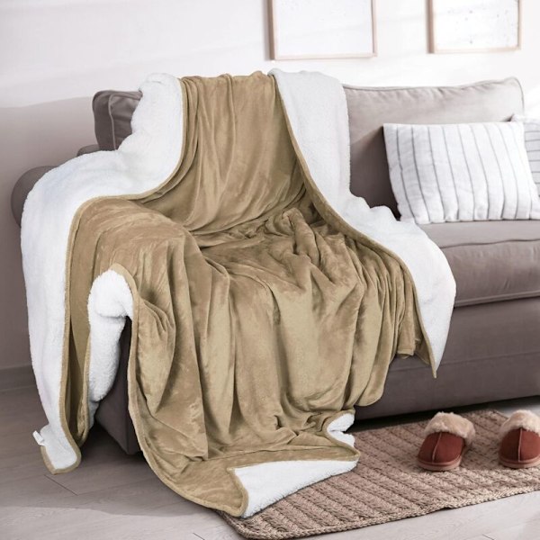 SHERPA TÆPPE Størrelse [camel, 50 x 60 tommer] - Vendbar dækning i tyk og varm fleece 400 g/m² til seng, sofa, campingplads og rejser