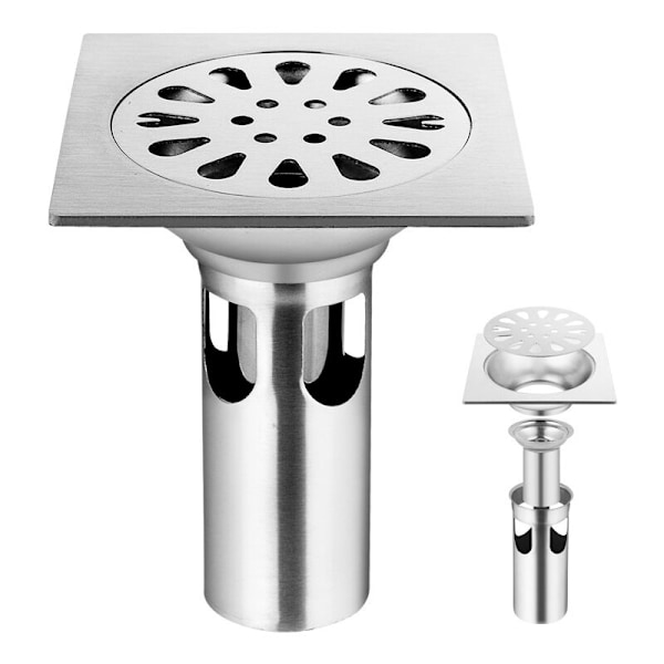 Gulvsluk i rustfritt stål for bad, toalett, kjøkken, vaskerom, hage - 98 mm x 98 mm
