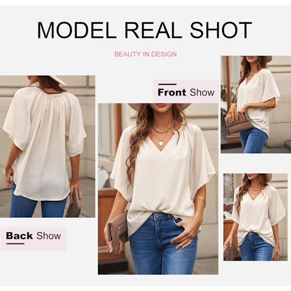 Dame Bluser Casual Solid Bell Sleeve Skjorte Løs V-hals Plisseret Tunika Toppe（L）