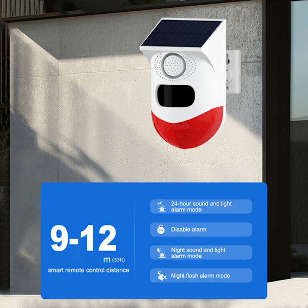 Solcellsdriven rörelsedetektorlarm Utomhuslarm 120 dB Siren Sirène Stroboskopiska ljus LED Säkerhet Säkerhetslarm Justerbar detektering IP65 Rörelsedetektor