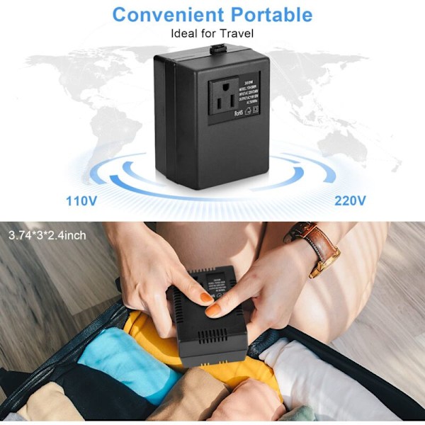 220V/240V til 110V/120V Transformator, EU Plugg Strømtransformator Spenningsomformer Socket Adapter