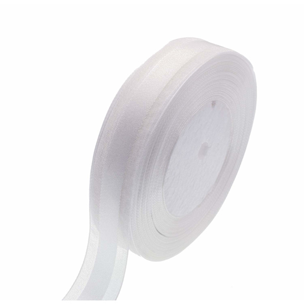 50 meter 1 tum bred satängband med organza kant för bröllopspresentinslagning DIY rosetter och hantverk (vit)