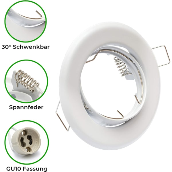 10x GU10 Infällda Spotlights Set - 10 st Monteringsram I Vit Med GU-10 Sockel För LED Eller Halogenlampor, 30° Vridbar, Rund