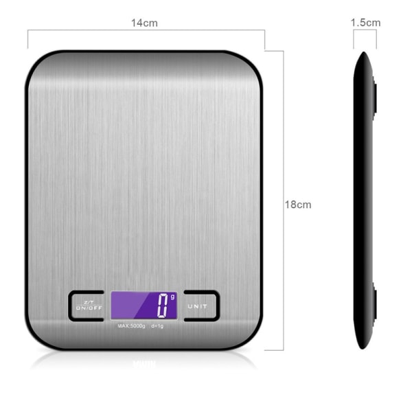 Kjøkken elektronisk vekt multifunksjonell matvekt 5 kg, sølv, rustfritt stål (med batterier)
