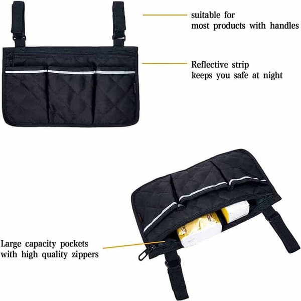 2PC Rullestolveske, Rullestolveske, Rullestol Sideveske for Armlener Med Reflekterende Strimmel for Gåstoler, Mobilitetsscooter, Rollator Tilbehør