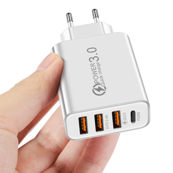 2A 3USB+PD Type-c Mobiltelefonlader Multi-grensesnitt Reiseladerhode (Hvit)