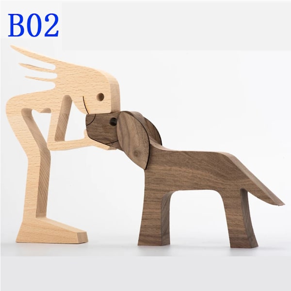 Trefigurer av familie og valp, naturlig treutskjæring av kjæledyrhund, håndlaget kreativ gave (hund og jente)