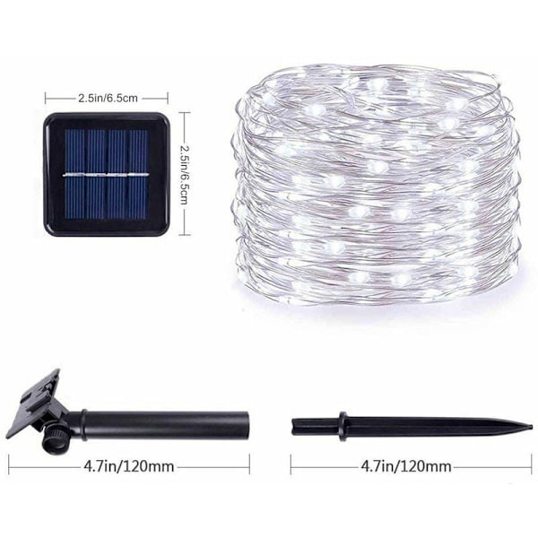 Utomhus solcellsslinga med 100 LED-lampor, 10 meter silverkoppartråd, 8 vattentäta lägen (kallvitt)