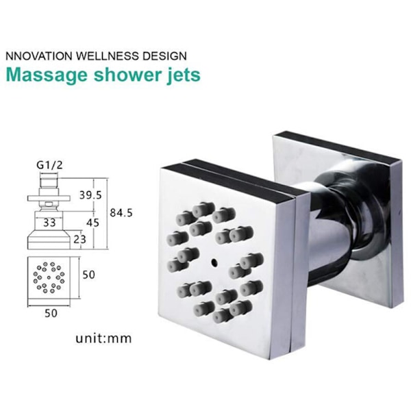 Fyrkantiga duschmunstycken, massagefunktion, sidomassagemunstycke, spa, väggmunstycken med 2 funktioner