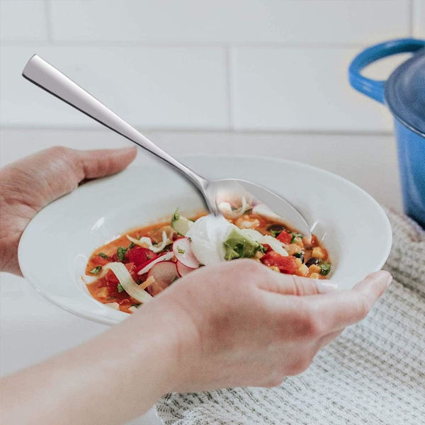 Sæt med 6 suppeskeer, 7,9 '' kraftige rustfrie stålaftensmadsskeer, dessertskeer, teskeer, serveringsskeer til banketrestaurant, spejlpolering